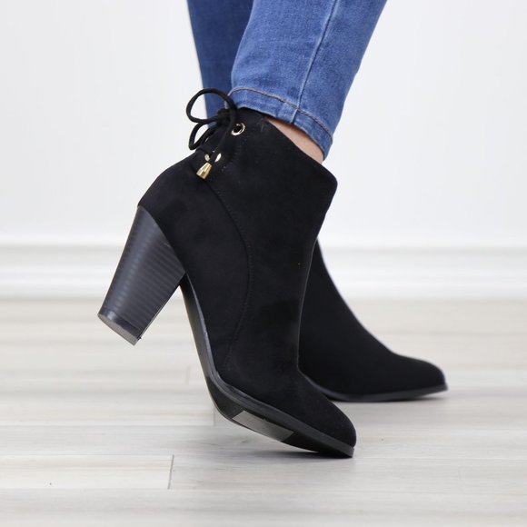 Black Pointed Toe Low Heel Ankle Boots Back Laces Booties Faux Suede - Picture 9 of 15